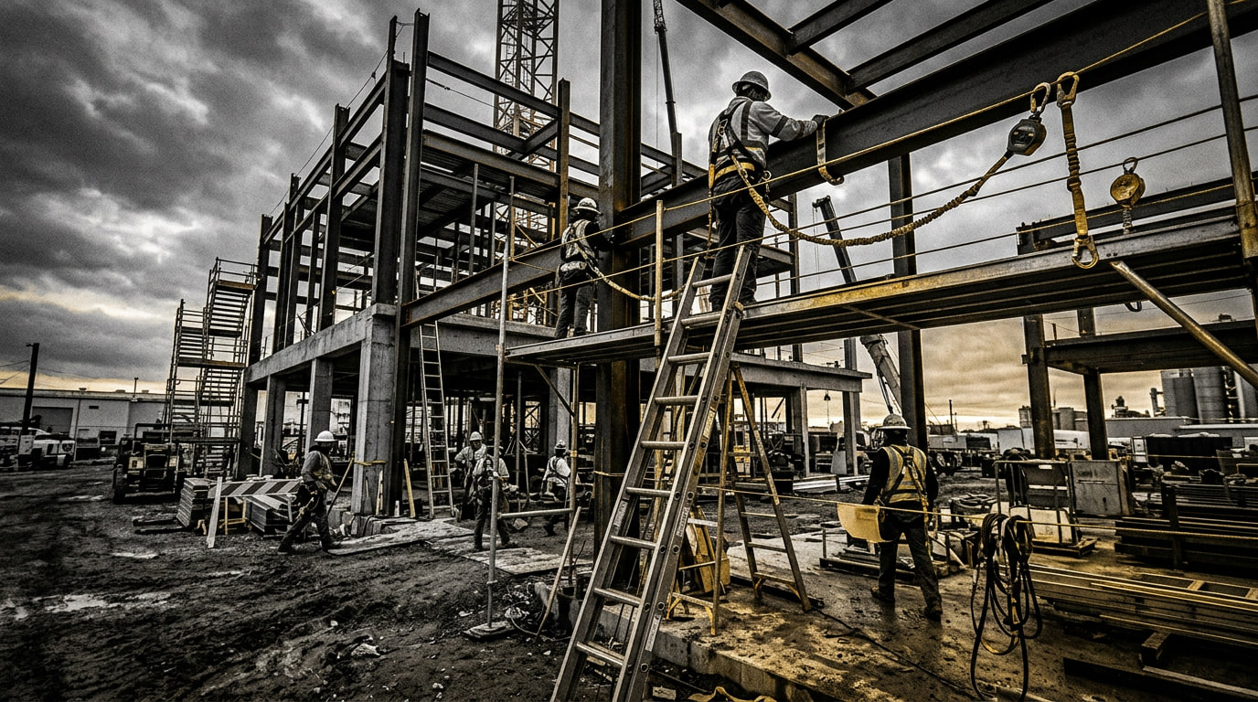 Ironworkers in full-body harnesses erecting structural steel at height, with extension ladders, self-retracting lifelines, and a crew working below