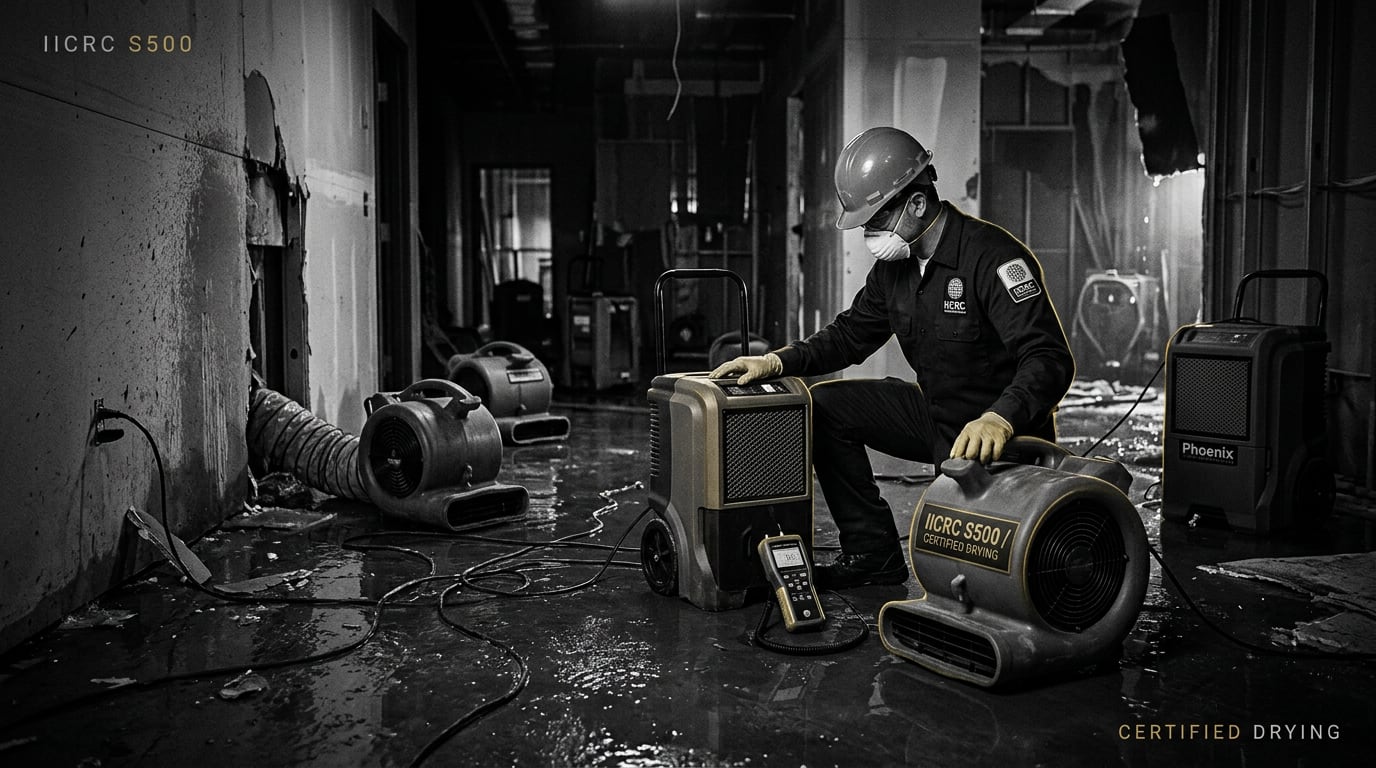 A certified restoration technician in hard hat and respirator deploying an LGR dehumidifier, axial air movers, and a moisture meter across a flooded commercial interior under low light