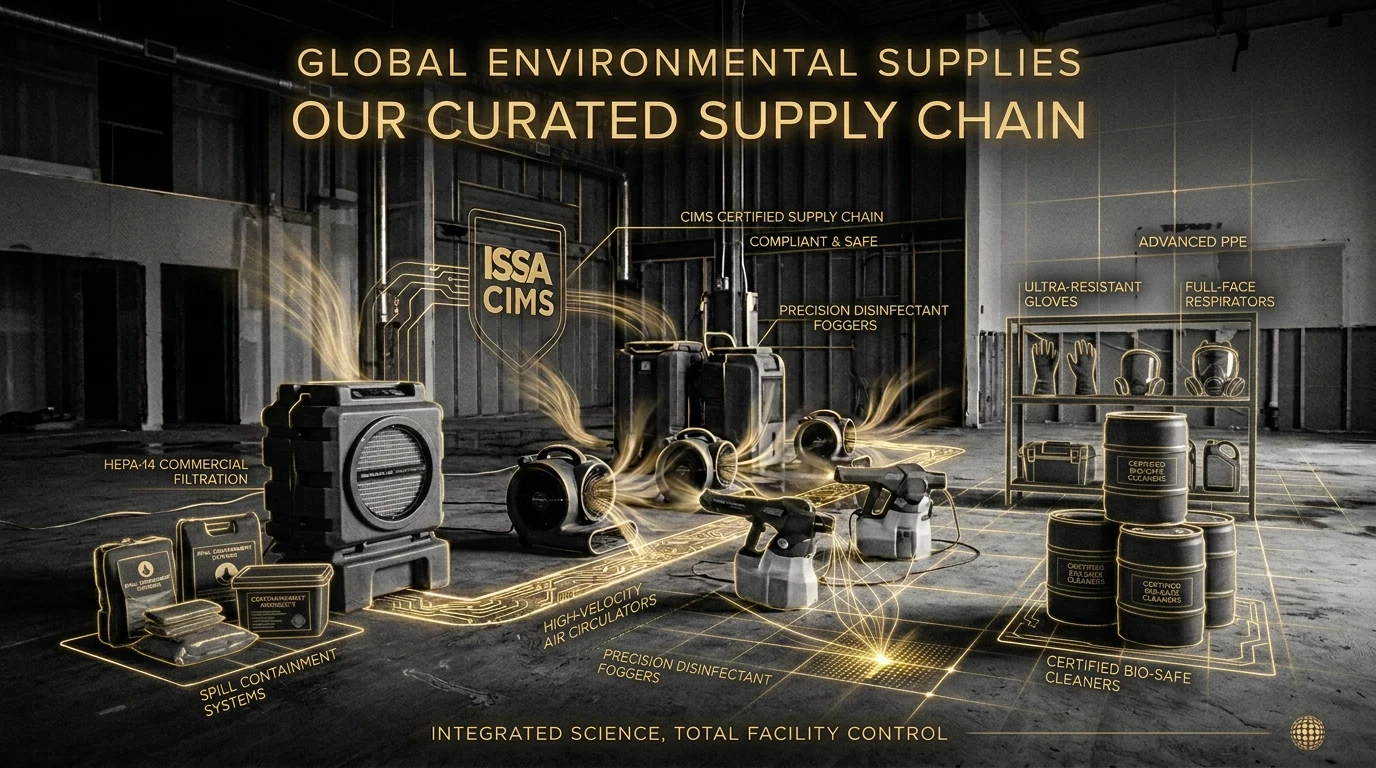 A facility maintenance equipment stack: HEPA commercial filtration, high-velocity air circulators, precision disinfectant foggers, shelved gloves and full-face respirators, and drums of cleaning chemistry, arranged as an integrated facility program.