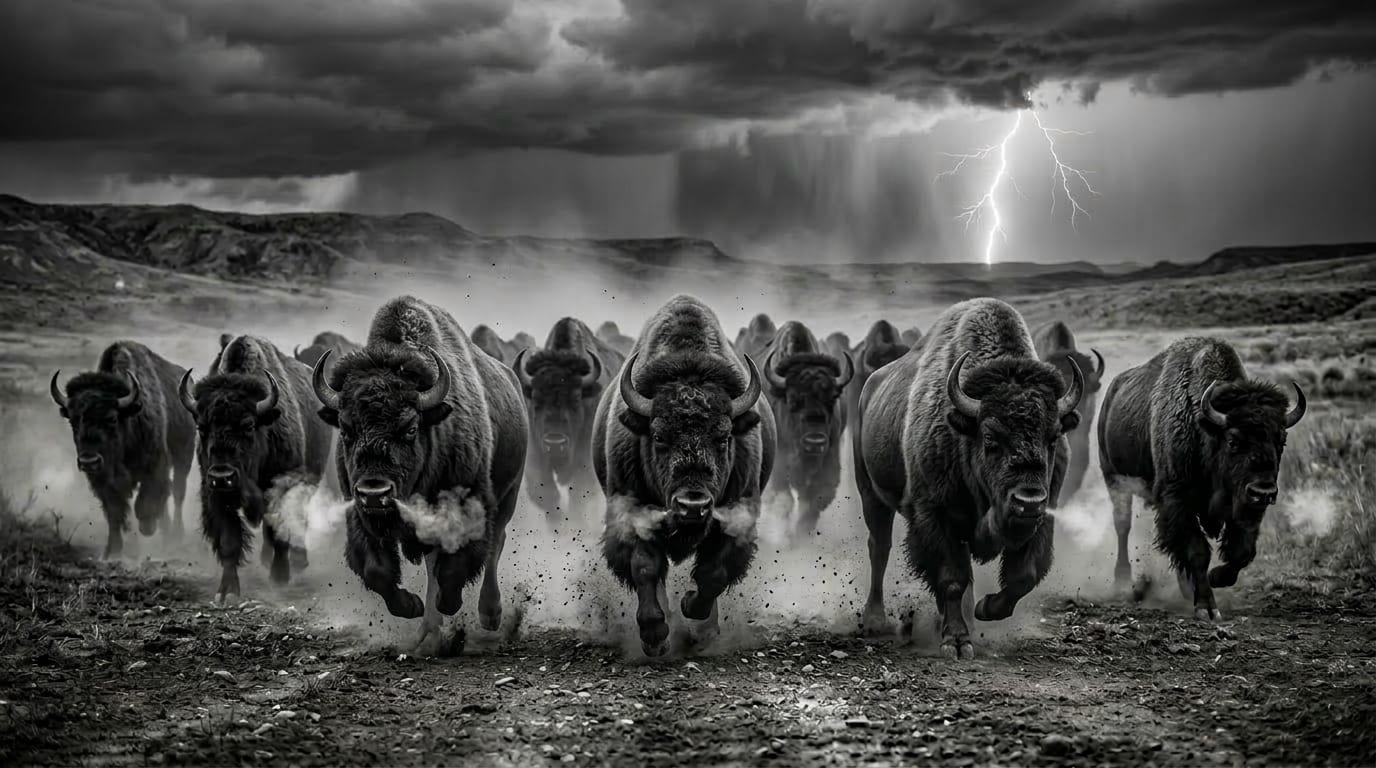 Bison moving into the storm, the Stampede Distribution brand image.
